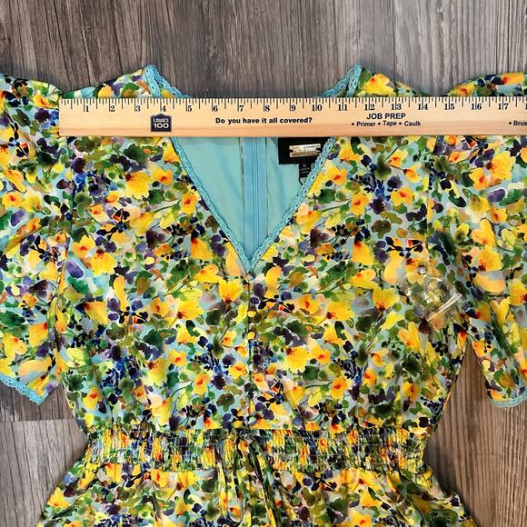 NWT Alexia Admor Maxi Slit‎ Dress Flutter Sleeve Yellow Teal Floral Women’s Sz 6 - Picture 4 of 11